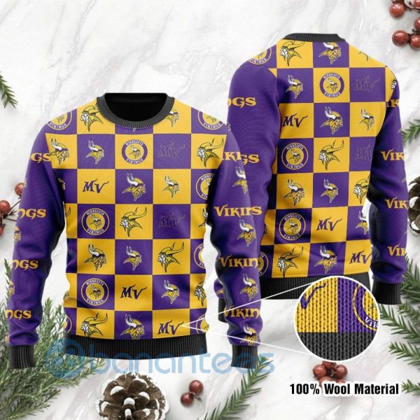 Minnesota Vikings Logo Checkered Flannel Design Ugly Christmas 3D Sweater Product Photo