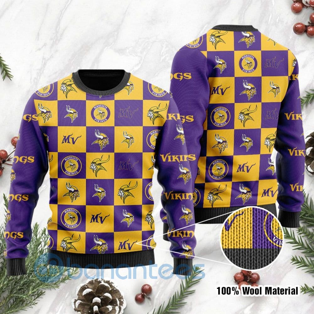 Minnesota Vikings Logo Checkered Flannel Design Ugly Christmas 3D Sweater