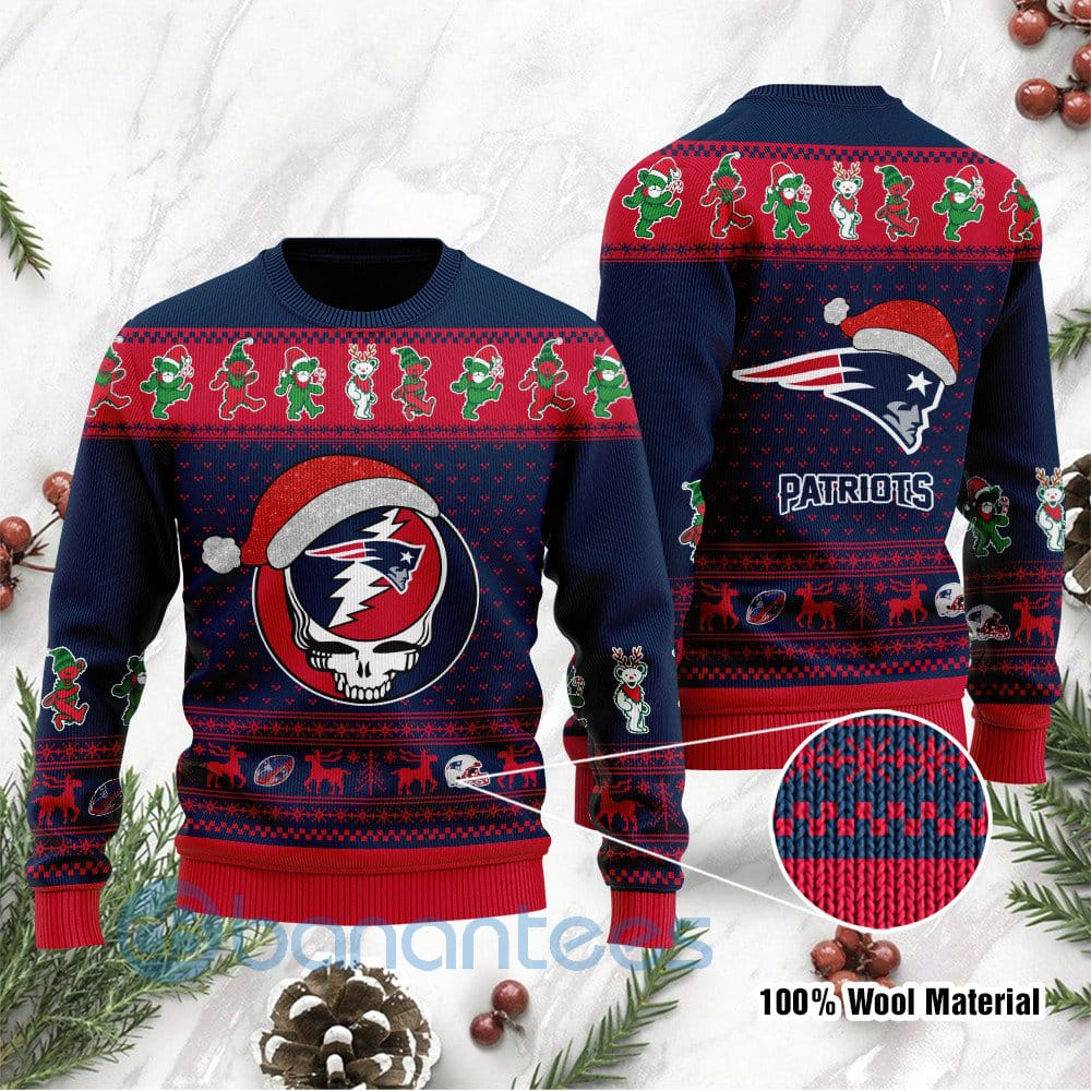 New England Patriots Grateful Dead SKull And Bears Custom Name Christmas 3D Sweater