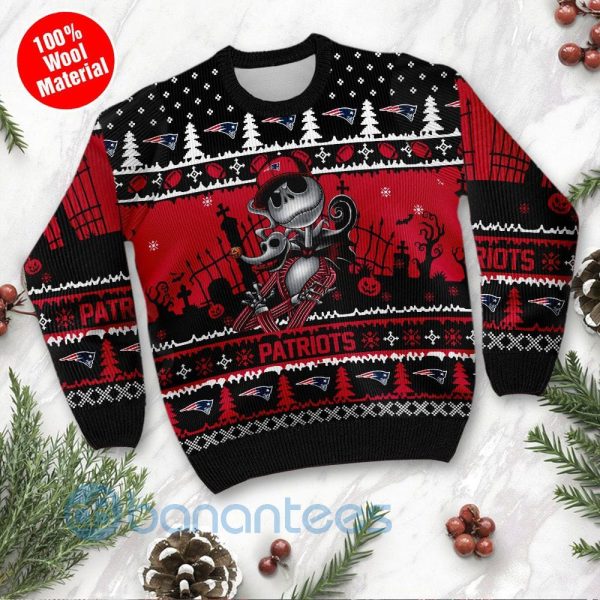 New England Patriots Jack Skellington Halloween Ugly Christmas 3D Sweater Product Photo