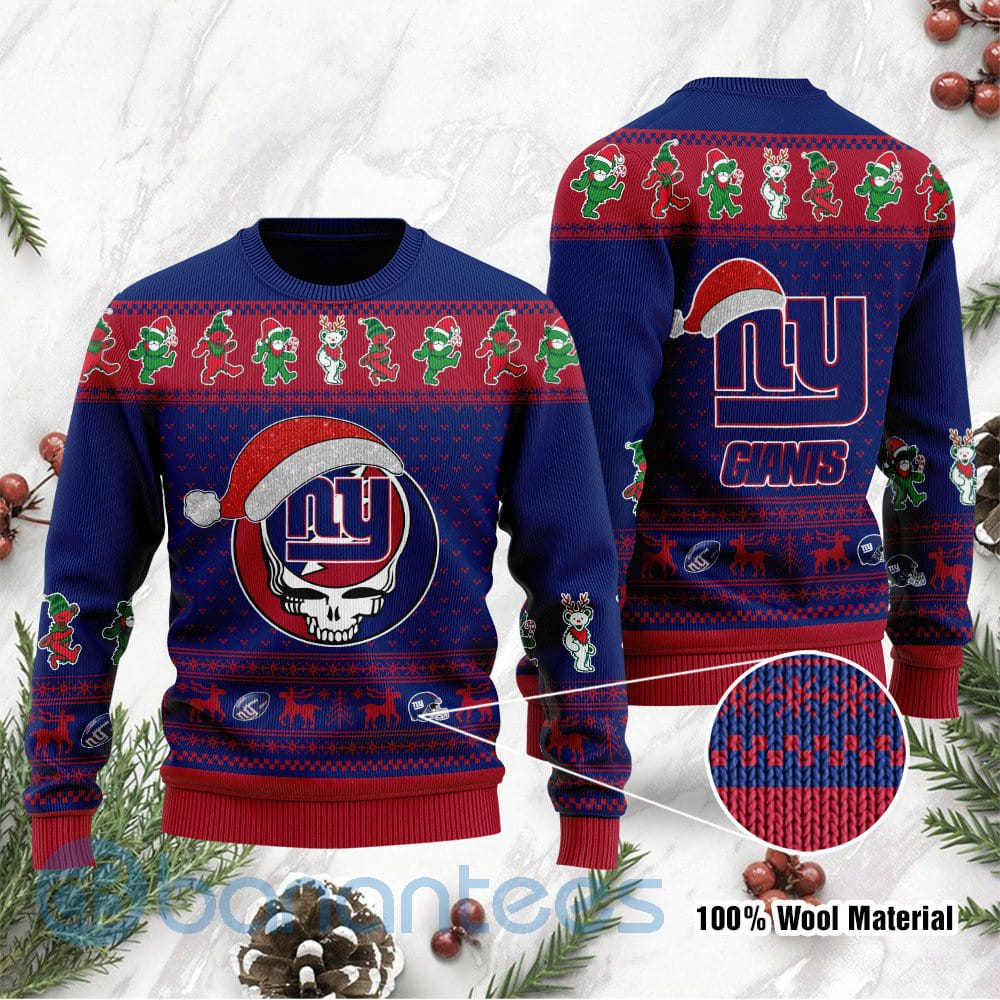 New York Giants Grateful Dead SKull And Bears Custom Name Ugly Christmas 3D Sweater