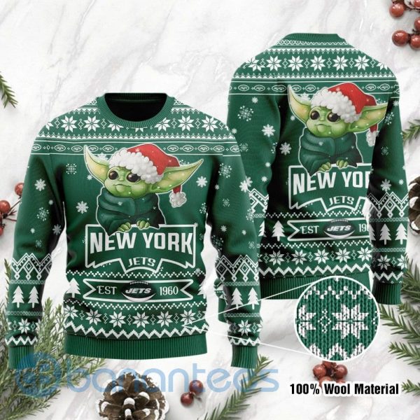 New York Jets Cute Baby Yoda Grogu Ugly Christmas 3D Sweater Product Photo