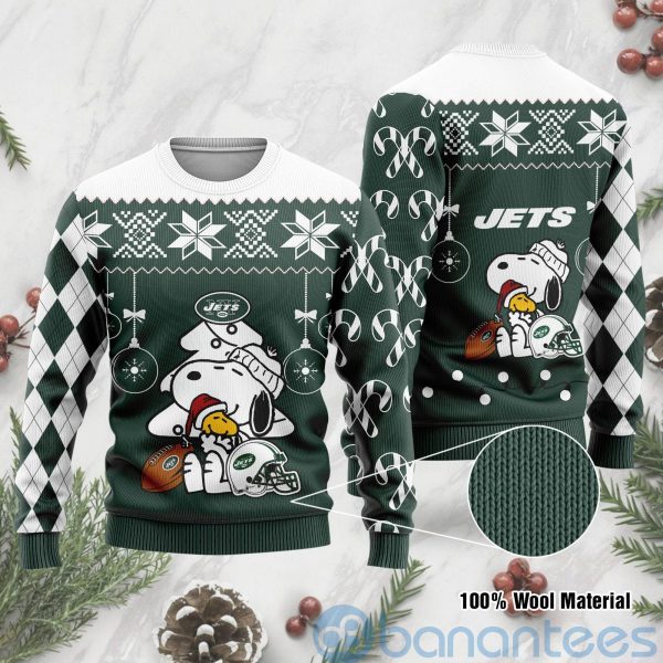 New York Jets Funny Charlie Brown Peanuts Snoopy Christmas Tree Ugly Christmas 3D Sweater Product Photo
