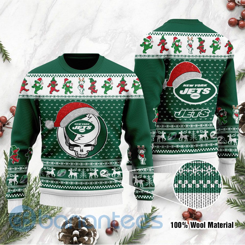 New York Jets Grateful Dead SKull And Bears Custom Name Ugly Christmas 3D Sweater