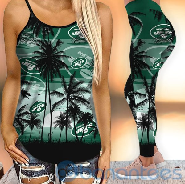 New York Jets Sunset Leggings And Criss Cross Tank Top For Women Product Photo