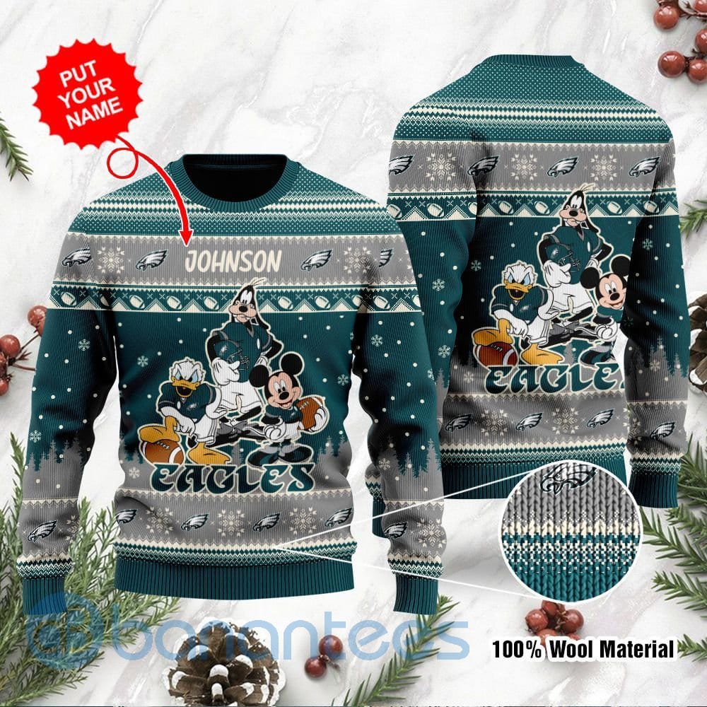 Philadelphia Eagles Disney Donald Duck Mickey Mouse Goofy Custom Name Christmas 3D Sweater