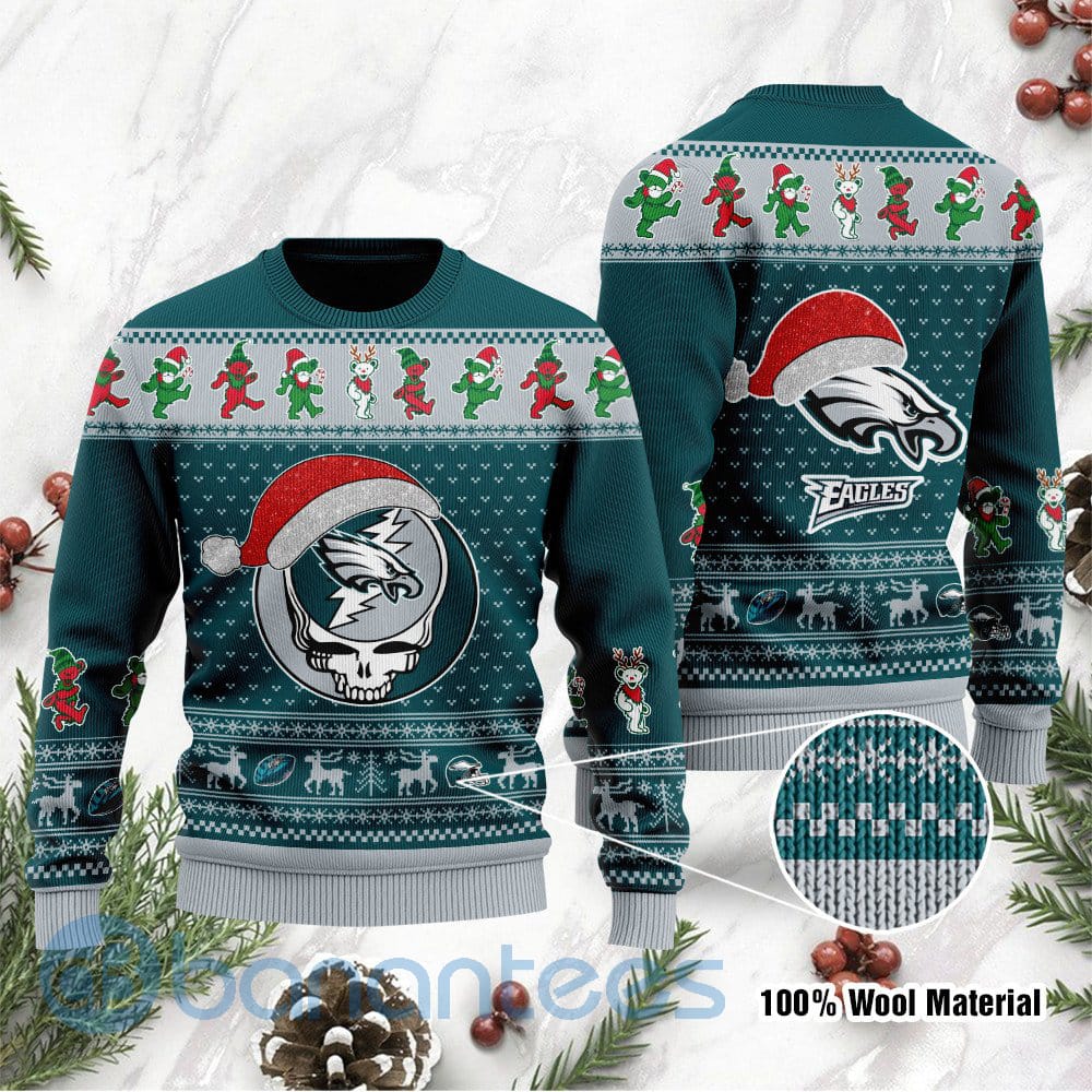 Philadelphia Eagles Grateful Dead SKull And Bears Custom Name Ugly Christmas 3D Sweater