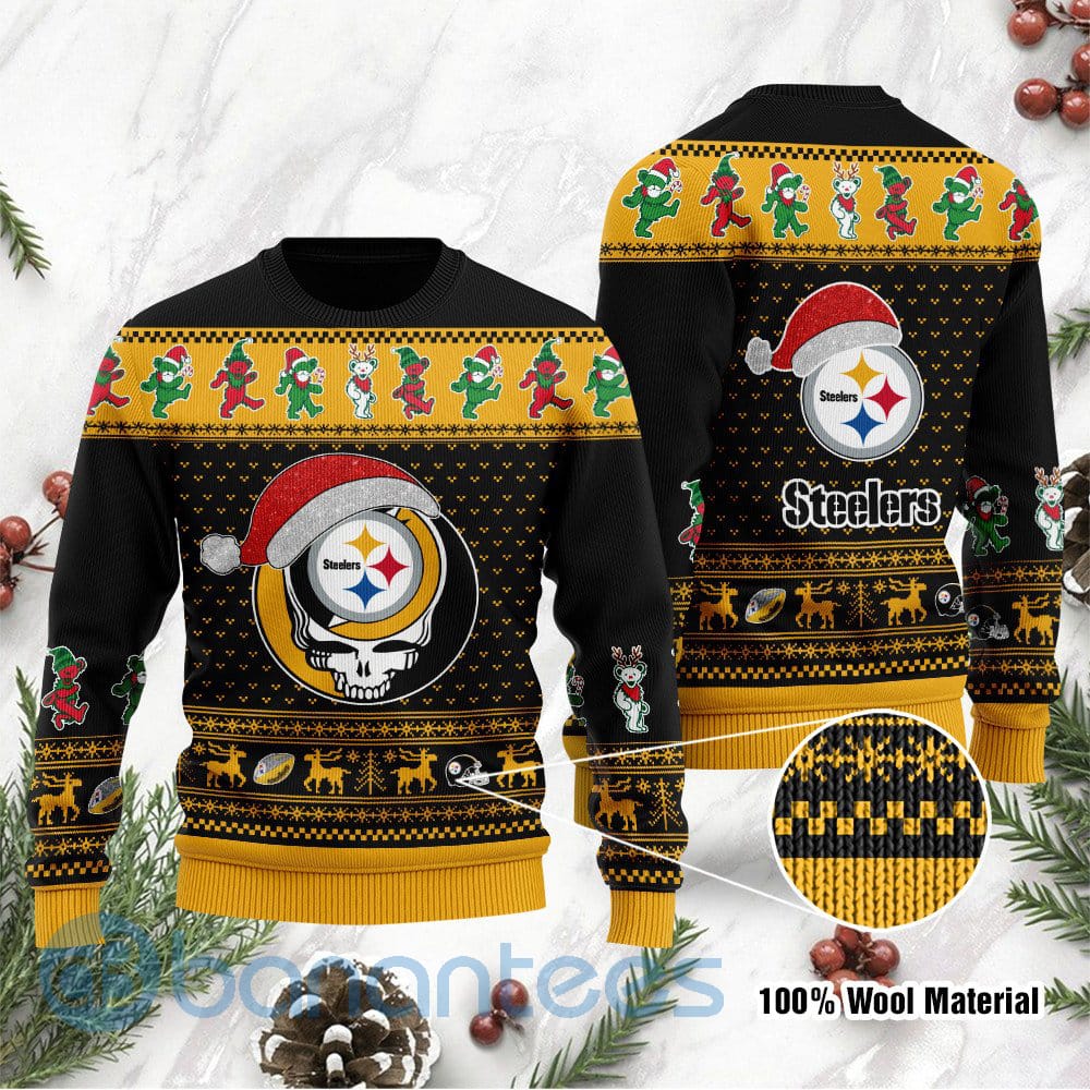 Pittsburgh Steelers Grateful Dead SKull And Bears Custom Name Ugly Christmas 3D Sweater