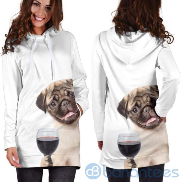Pug With Wine Hoodie Dress For Women Product Photo