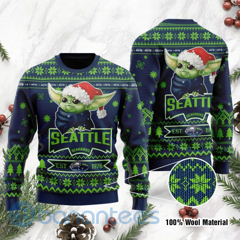 Seattle Seahawks Cute Baby Yoda Grogu Ugly Christmas 3D Sweater