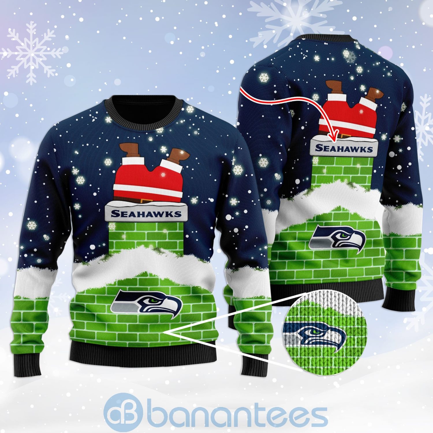 Seattle Seahawks Football Team Logo Symbol Santa Claus Custom Name Christmas 3D Sweater