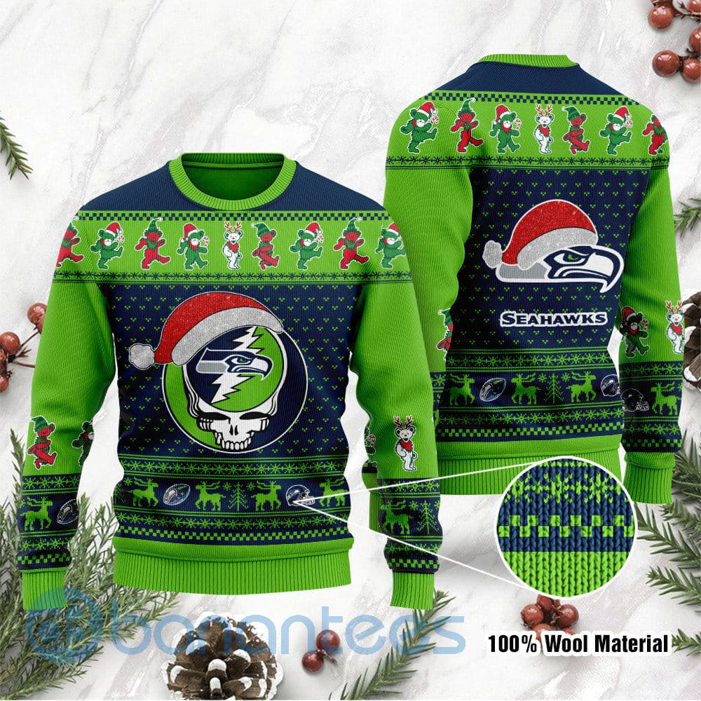 Seattle Seahawks Grateful Dead SKull And Bears Custom Name Ugly Christmas 3D Sweater