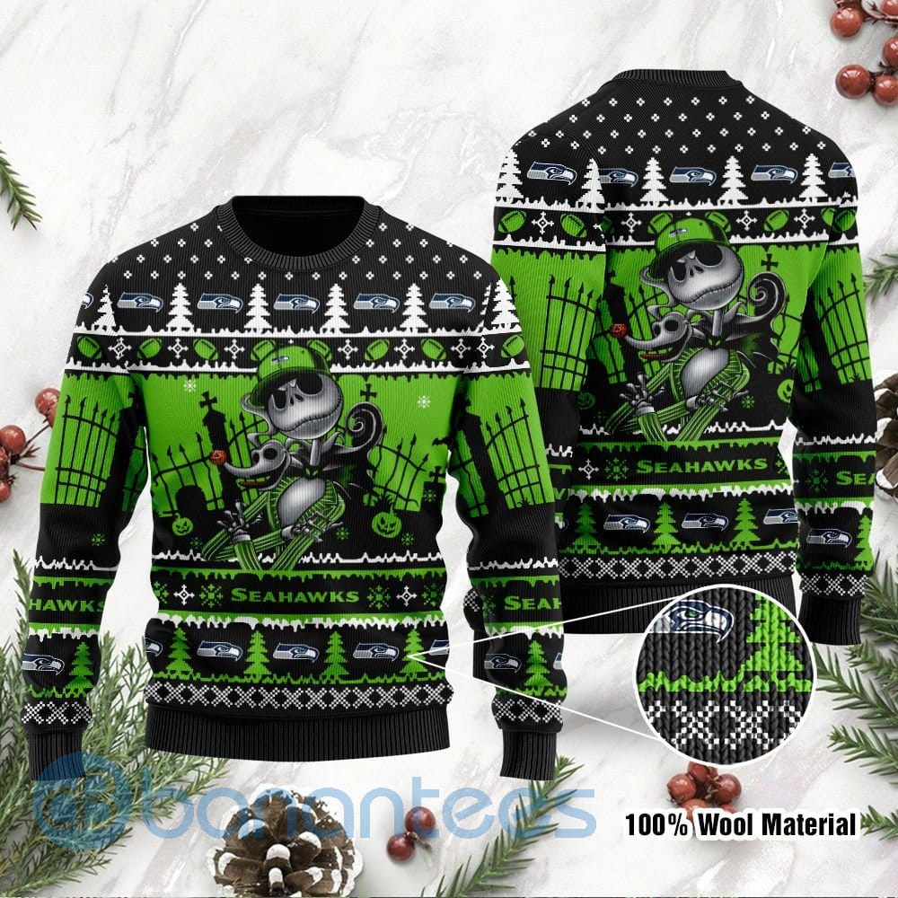 Seattle Seahawks Jack Skellington Halloween Ugly Christmas 3D Sweater
