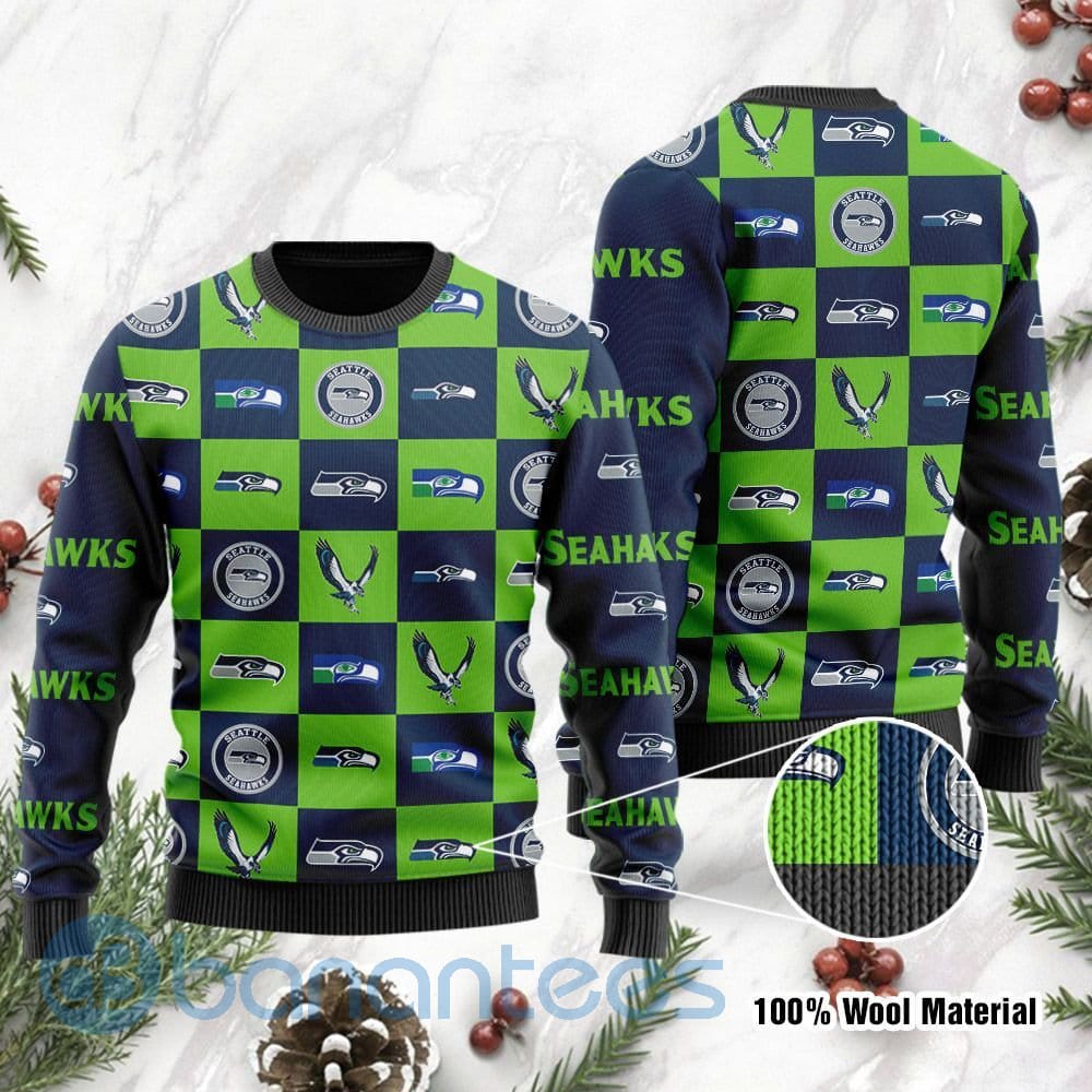 Seattle Seahawks Logo Checkered Flannel Design Ugly Christmas 3D Sweater