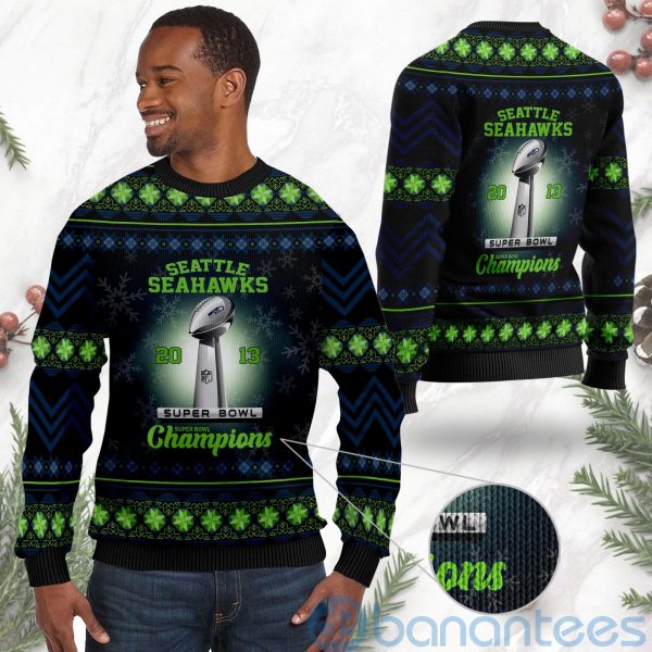Seattle Seahawks Super Bowl Champions Cup Ugly Christmas 3D Sweater Product Photo