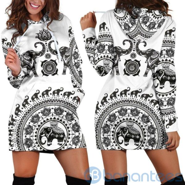 White Twin Elephants Hoodie Dress For Women Product Photo