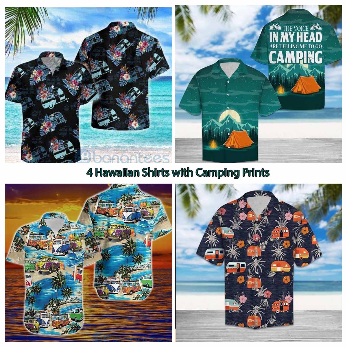 4 Hawaiian Shirts with Camping Prints