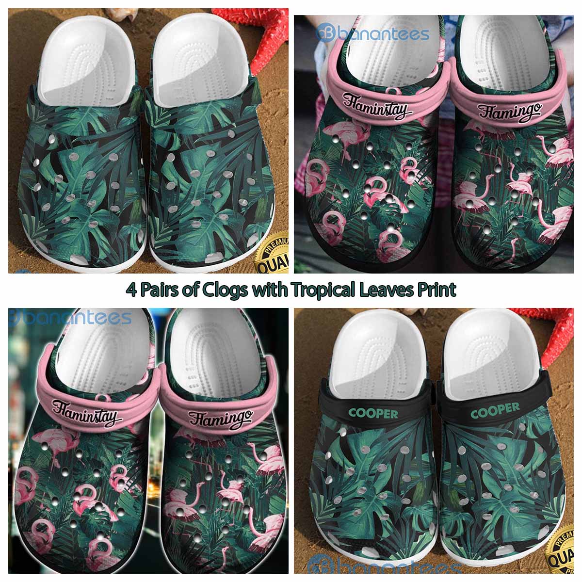 4 Pairs of Clogs with Tropical Leaves Print