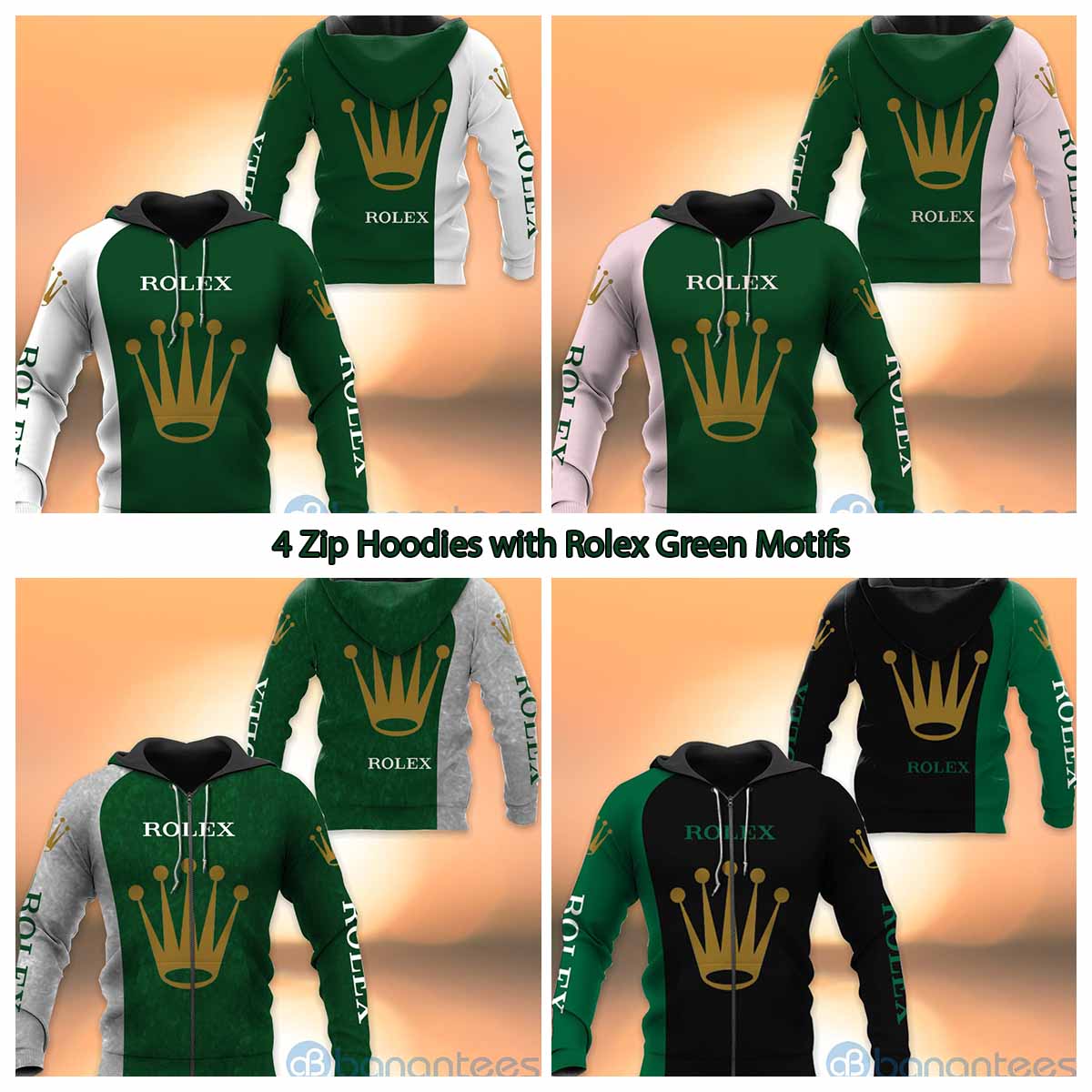 4 Zip Hoodies with Rolex Green Motifs