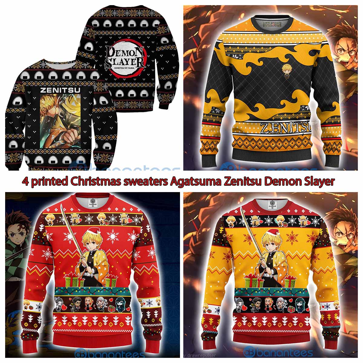 4 printed Christmas sweaters Agatsuma Zenitsu Demon Slayer