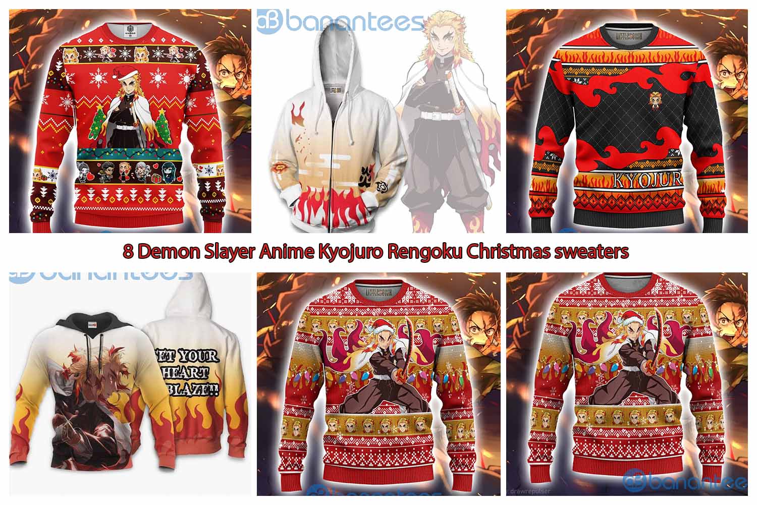 8 Demon Slayer Anime Kyojuro Rengoku Christmas sweaters
