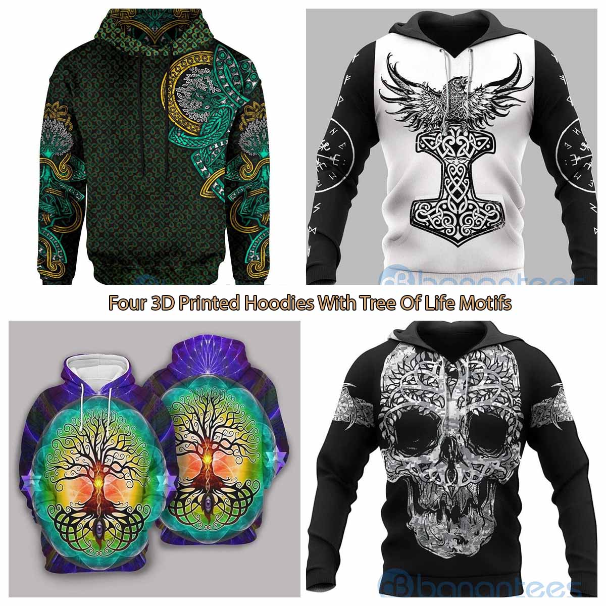 Four 3D Printed Hoodies With Tree Of Life Motifs