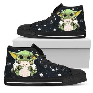 Baby Yoda Hugs A Cute Cat Star Wars High Top Canvas Shoes - Men's Shoes High Top - Black