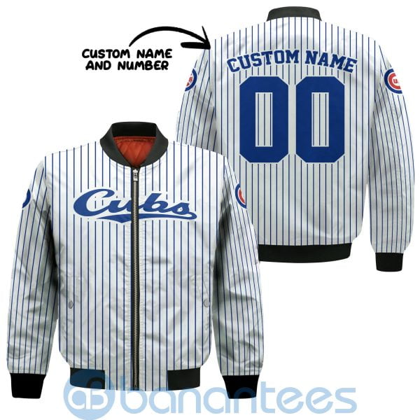 Chicago Cubs Stripes Custom Name Number Bomber Jacket Product Photo