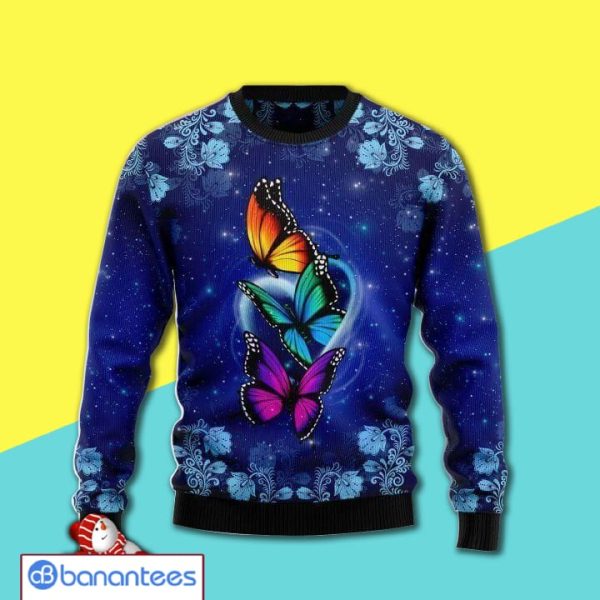 Christmas Pattern With Galaxy Butterfly Full Print Ugly Christmas Sweater Product Photo