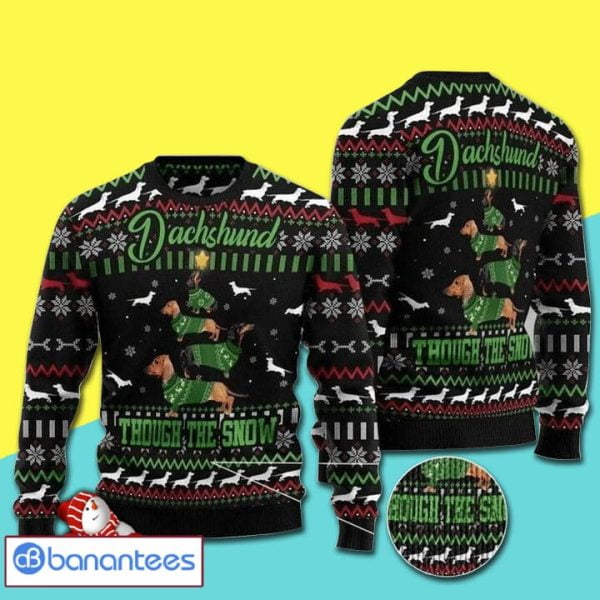 Christmas Patterns And Green Lovely Dachshund Through The Snow Full Print Ugly Christmas Sweater Product Photo