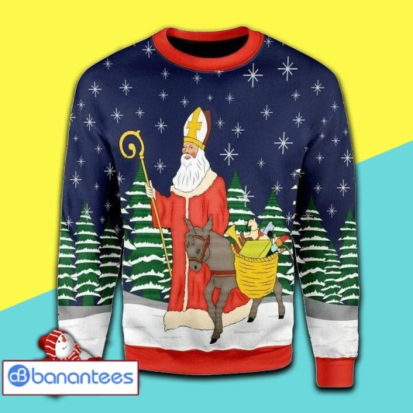 Christmas Patterns And Saint Nicholas Take A Horse All Over Print Ugly Christmas Sweater Product Photo