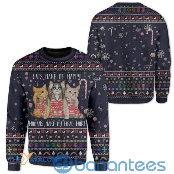 Christmas Patterns With Lovely Cats Make Me Happy Full Print Ugly Christmas Sweater Product Photo