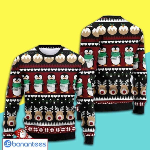 Cute Penguins And Deers Christmas Knitting Pattern Ugly Sweater Product Photo