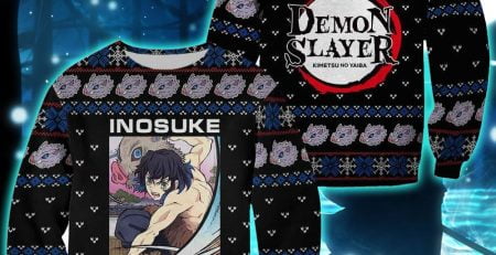 Demon Slayer Anime Print Christmas Sweater Inosuke Hashibira Knitting