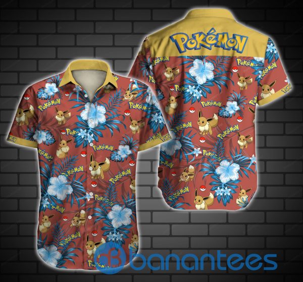 Eevee Pokemon Tropical Leaf Short Sleeves Hawaiian Shirt Product Photo