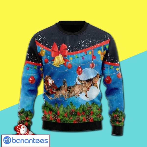 German Shepherd Dog Family Sleigh Santa Claus To Blue Sky All Over Print 3D Ugly Sweater Product Photo