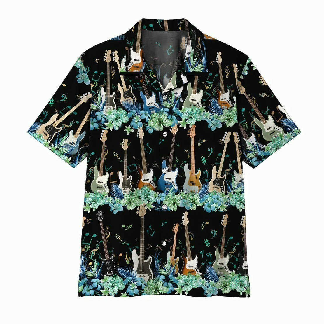 Guitar Lover 3D Bass Guitar Tropical Hawaiian Shirt - Short-Sleeve Hawaiian Shirt - Black