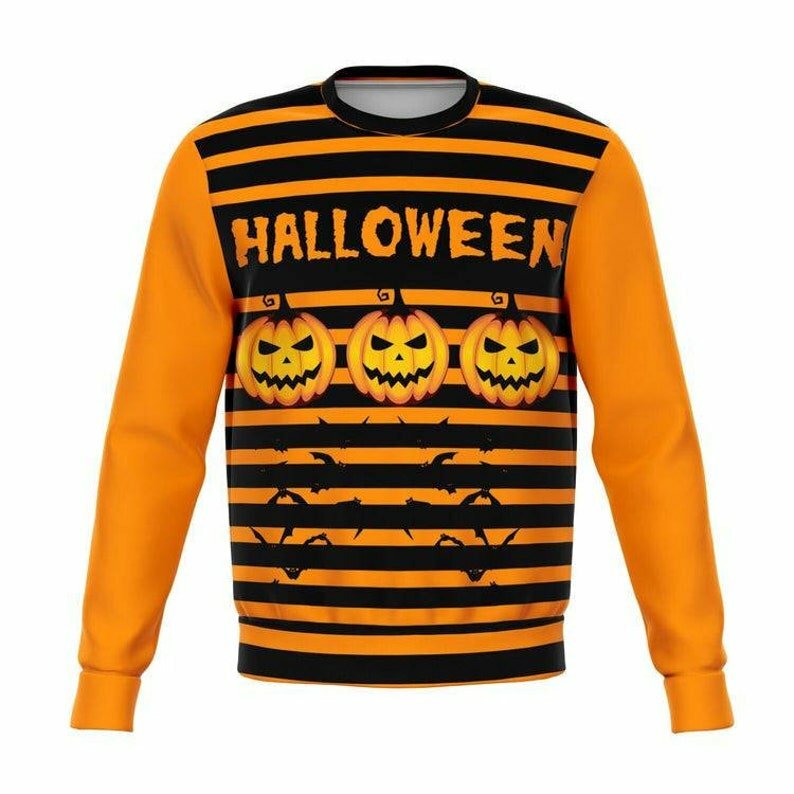 Halloween Pumpkin Orange Striped Halloween Sweater - AOP Sweater - Orange