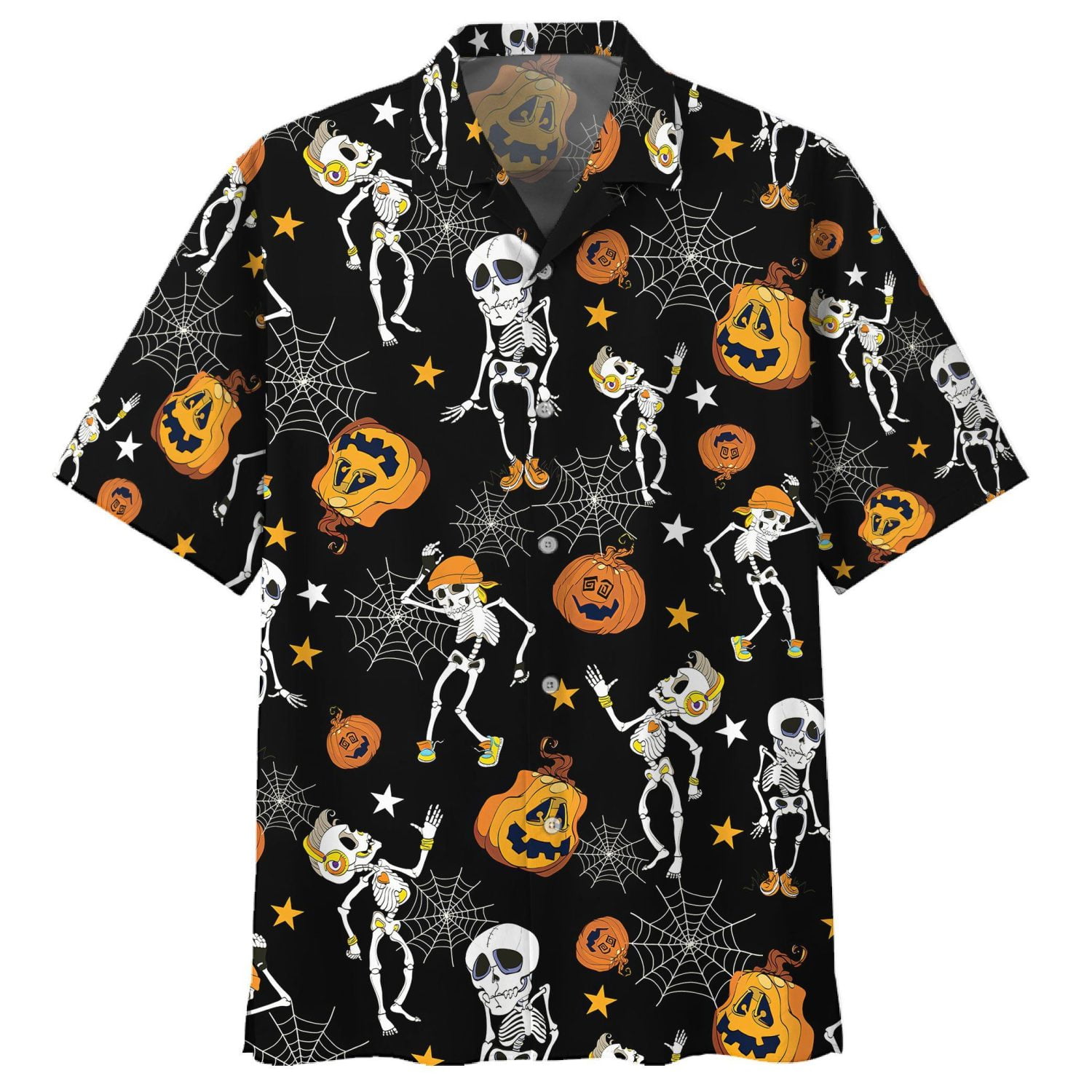 Halloween Pumpkin Skeleton Dancing Hawaiian Shirt - Short-Sleeve Hawaiian Shirt - Black