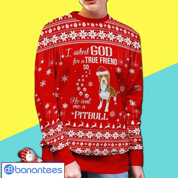 I Asked God For A True Friend So He Sent Me A Pitbull All Over Print Ugly Christmas Sweater Product Photo
