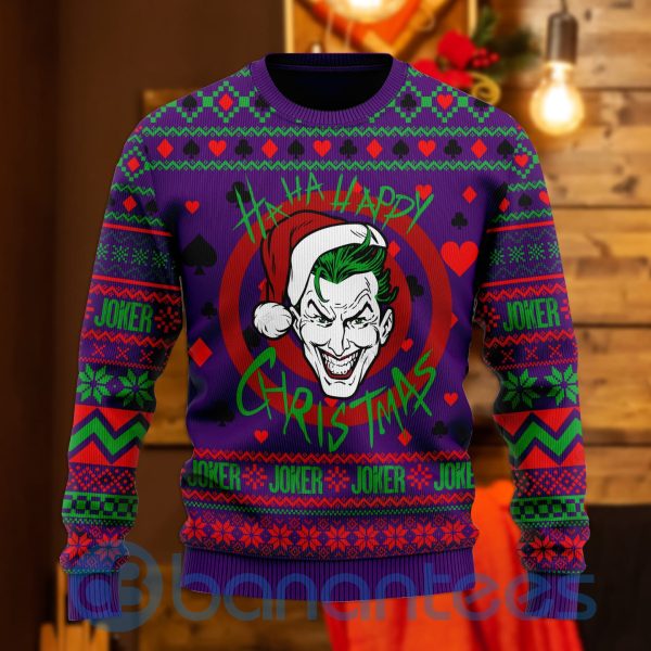 Joker Put On A Santa Hat All Over Printed Ugly Christmas Sweater Product Photo