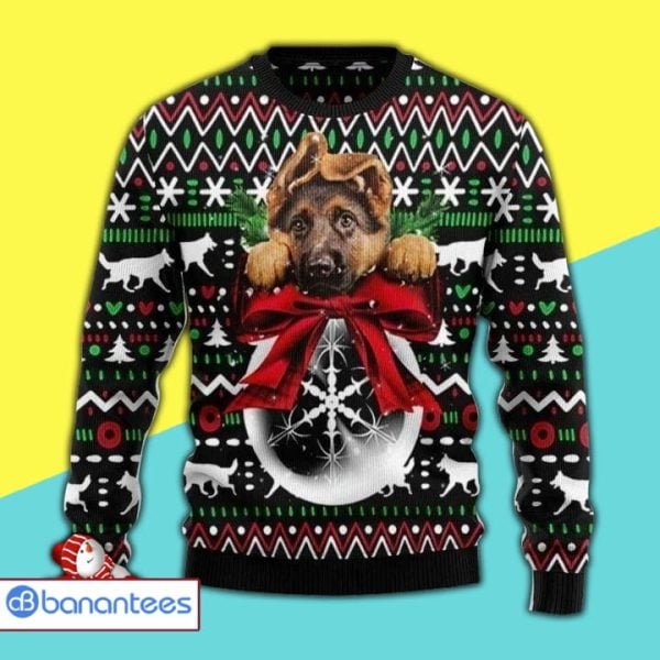 Lovely German Shepherd Dog On A Snowball Christmas Ugly Christmas Sweater Product Photo