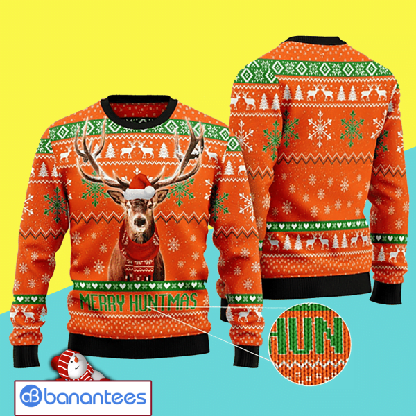 Merry Christmas Deer Merry Huntmas Party Full Print Ugly Christmas Sweater Product Photo