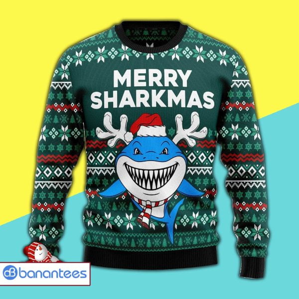 Merry Sharkmas Xmas Awesome Full Print Ugly Christmas Sweater Product Photo