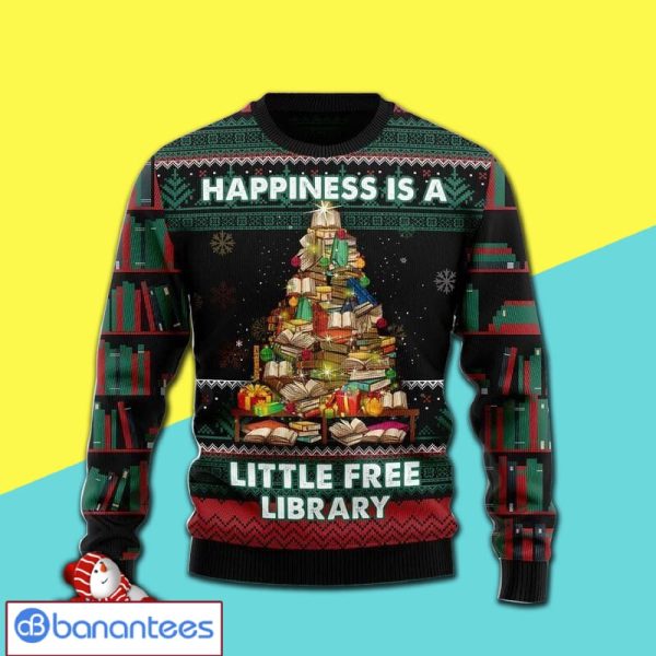 Merry Xmas Happiness Is A Little Book Free Library Awesome Full Print Ugly Christmas Sweater Product Photo