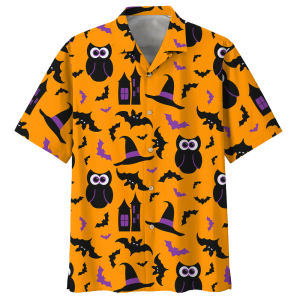 Owl Halloween Pattern Funny Halloween Hawaiian Shirt - Short-Sleeve Hawaiian Shirt - Orange