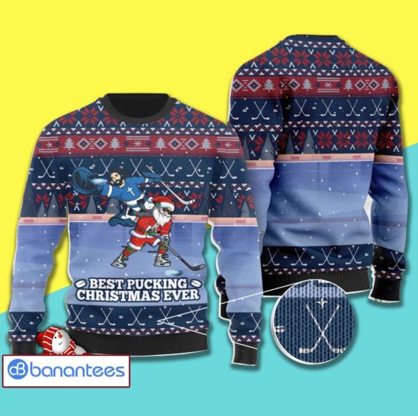 Santa Clause Hockey Best Pucking Ever Vintage Pattern Full Print Ugly Christmas Sweater Product Photo