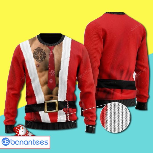 Santa Claws Body With Firefighter Tattoo Full Print Ugly Christmas Sweater Product Photo