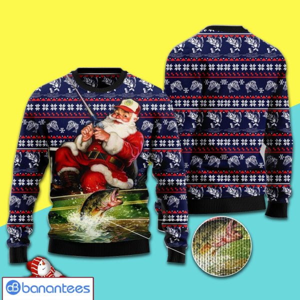 Santa Fishing Christmas Knitting Pattern Ugly Sweater Product Photo