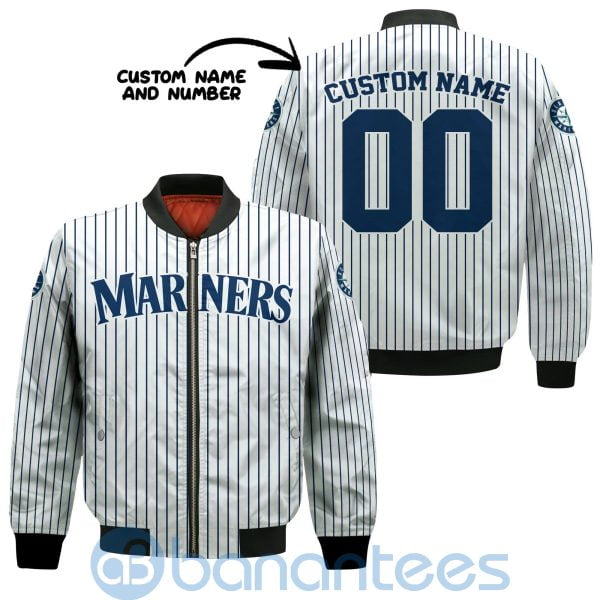 Seattle Mariners Stripes Custom Name Number Bomber Jacket Product Photo